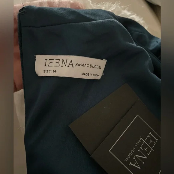 MWT IENNA Mac Duggal Blue Beaded High Neck Bishop Sleeve Satin Gown Size 14 - Picture 6 of 6